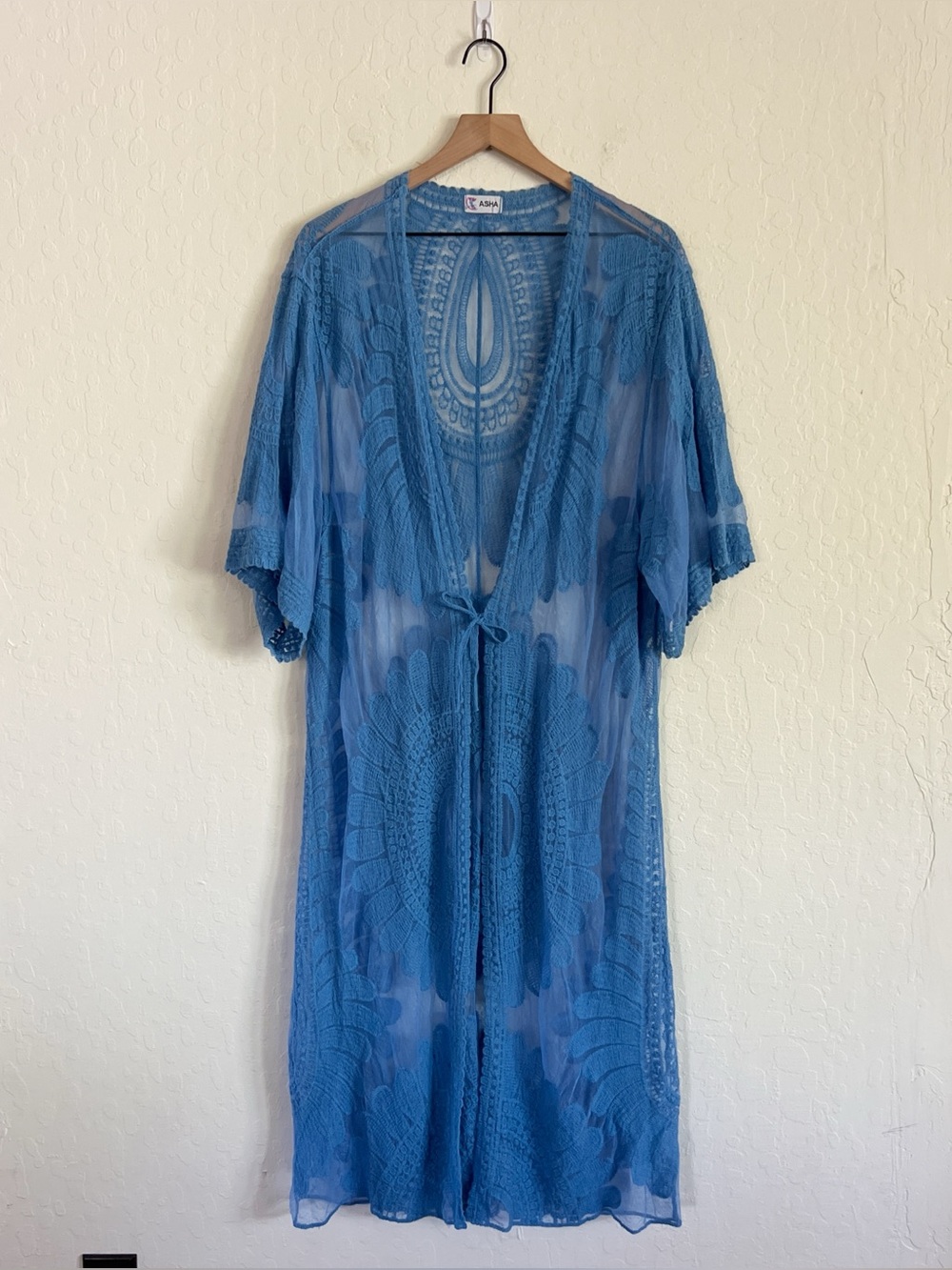Asha Sheer Floral Lace Short Sleeve Long Tie Front Kimono One Size Blue Boho